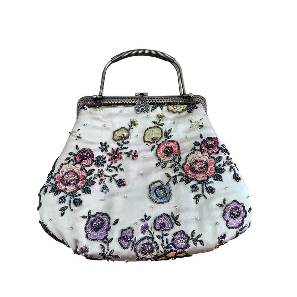 Vintage Women's Multicolor Floral Beaded Crossbody Straps Hand Bag